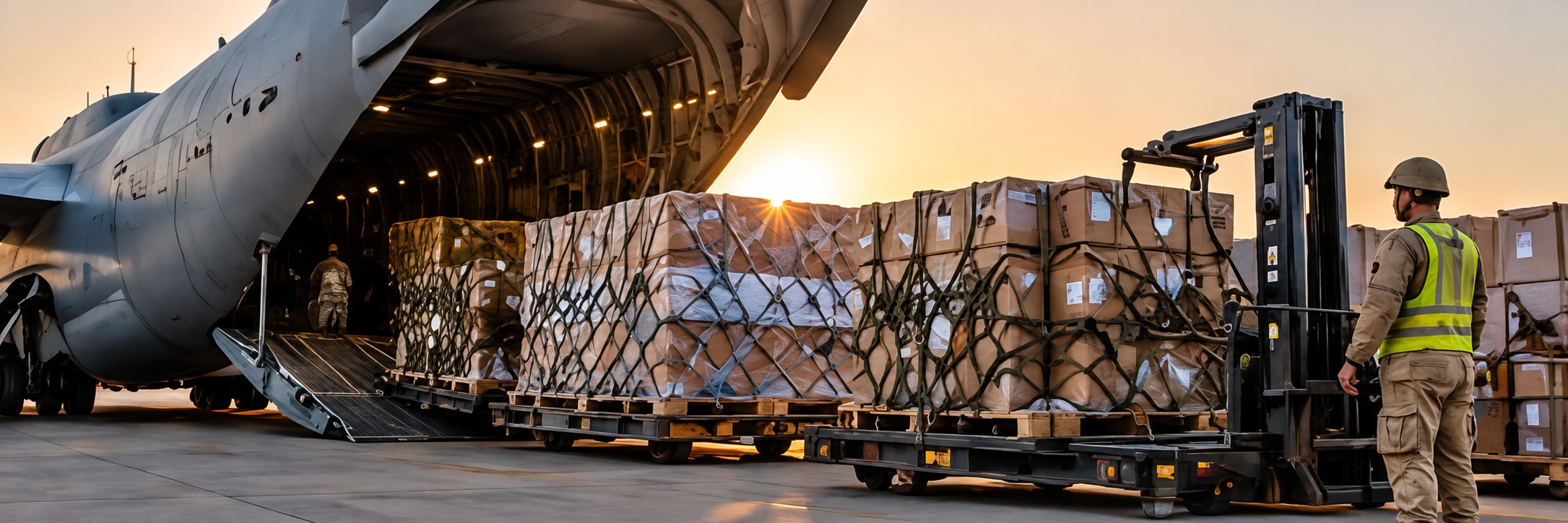 Palletized supplies beside a cargo aircraft