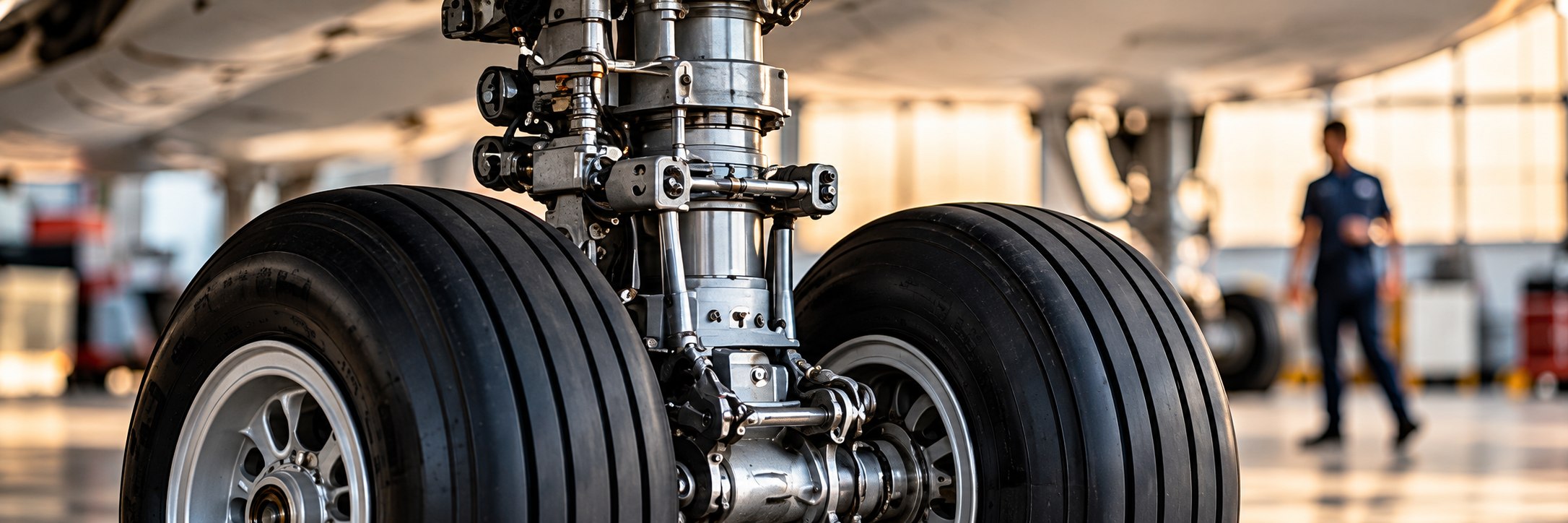 Aircraft landing gear in a maintenance hangar