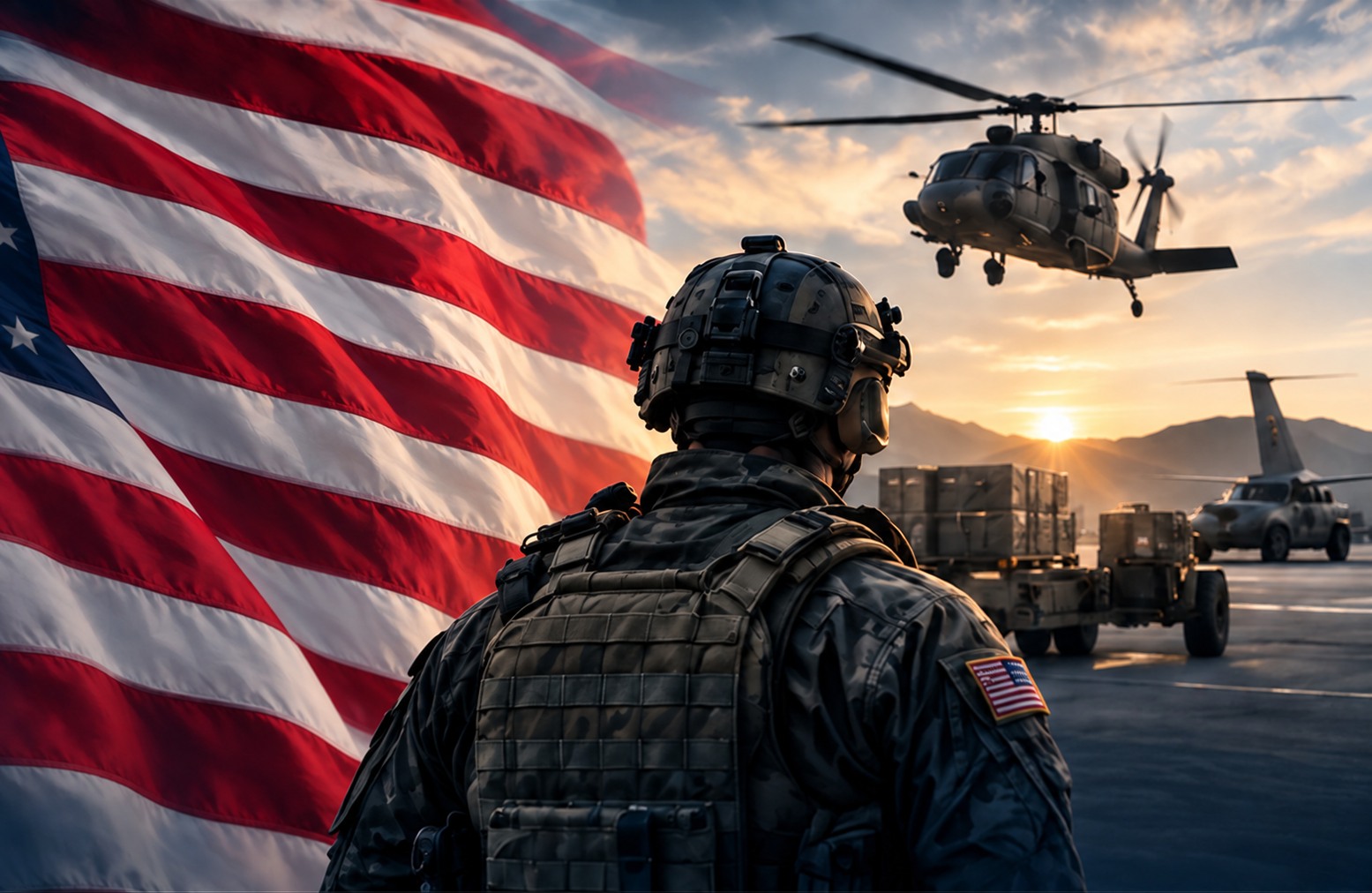 American flag and soldier overlooking military aircraft and supply vehicles at sunset