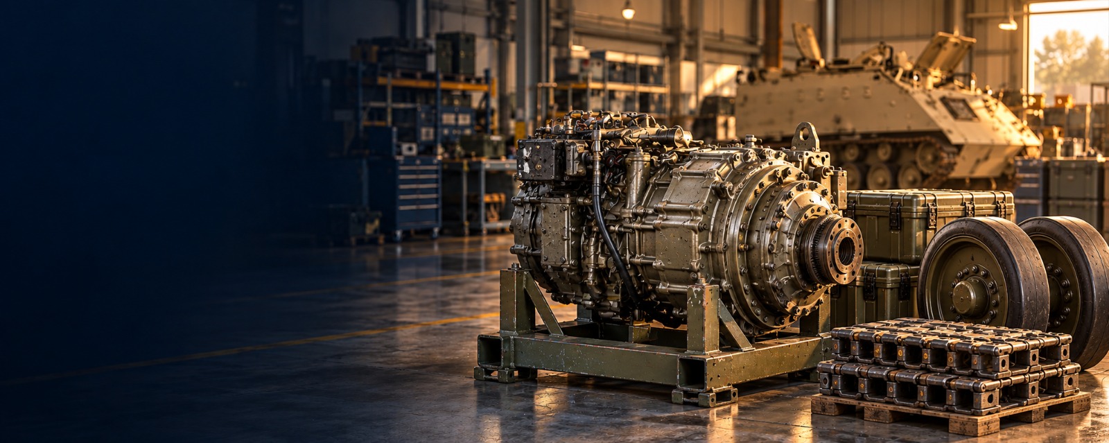 Armored vehicle powertrain, wheels and track components in a workshop