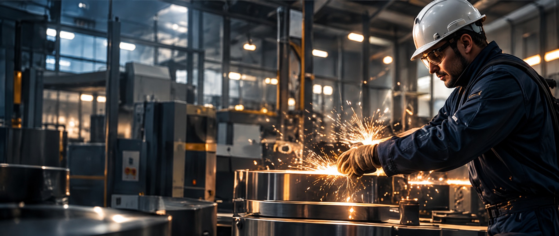 Metalworker finishing a component in a factory