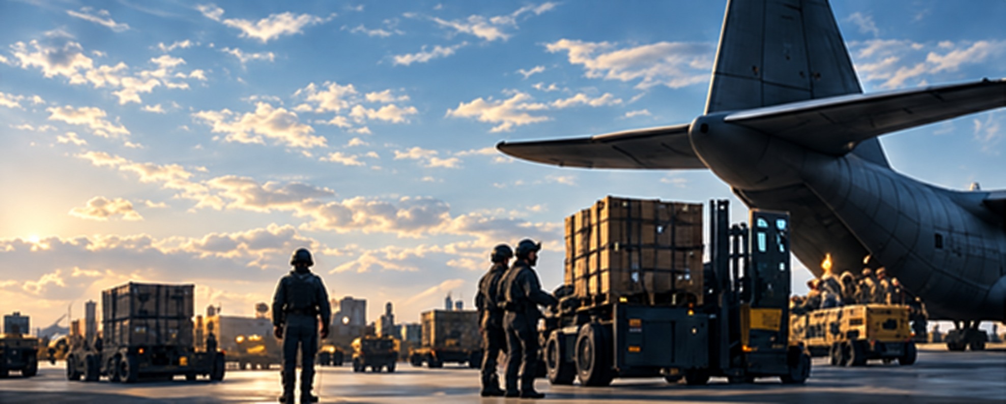 Logistics team preparing cargo beside a military transport aircraft