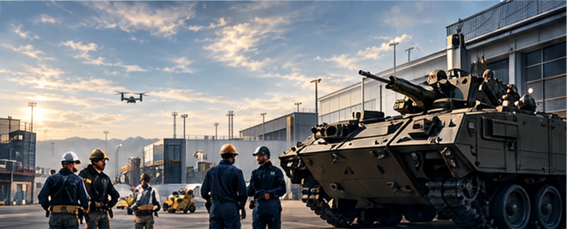 Industrial team beside an armored vehicle