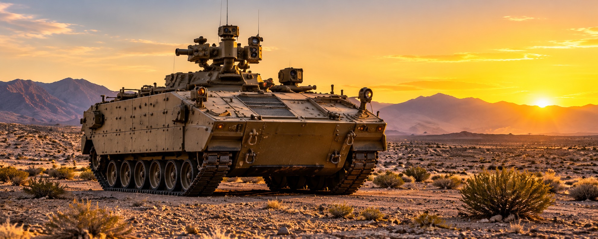 Armored vehicle in desert terrain at sunset